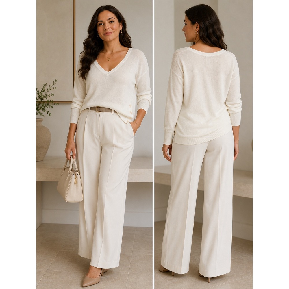 J.Crew Ivory V-Neck Button Side Sweater Minimalist Quiet Luxury White Large